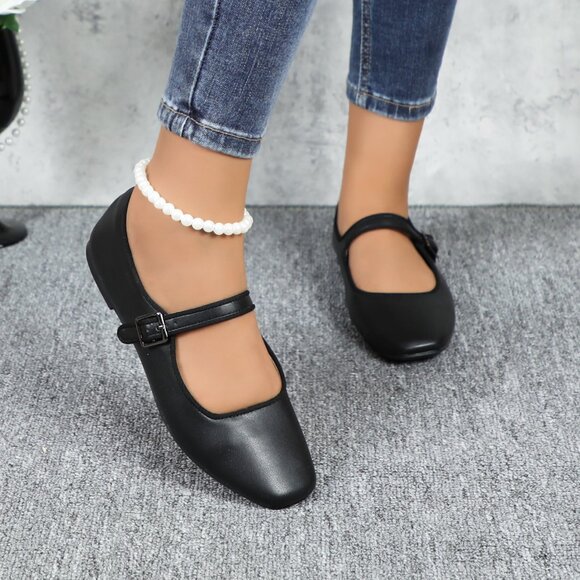 Black Cushioned Insole Classic Mary Jane Ballet Flat Adjustable Ankle Strap - Picture 5 of 11